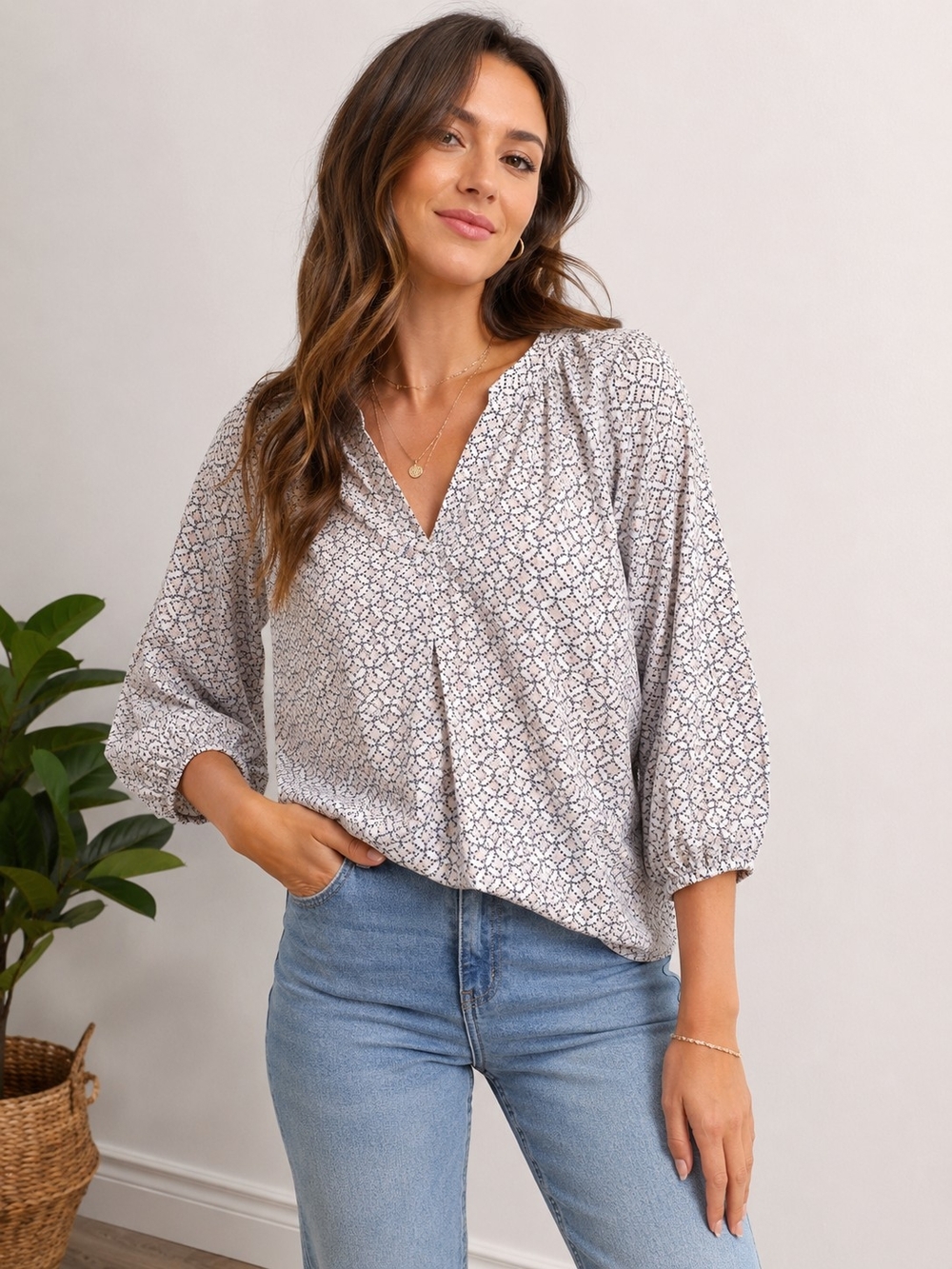 Joie Cream Blouse with Navy Micro-Print